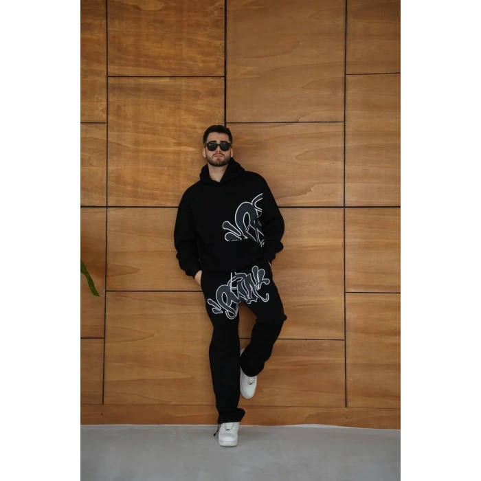 Erkek Kapüşonlu Eşofman Takım Graffiti Baskılı Oversize Rahat Kalıp, Kanguru Cepli, Streetwear Tarzında Premium Ürün 3 iplik Pamuklu - Siyah
