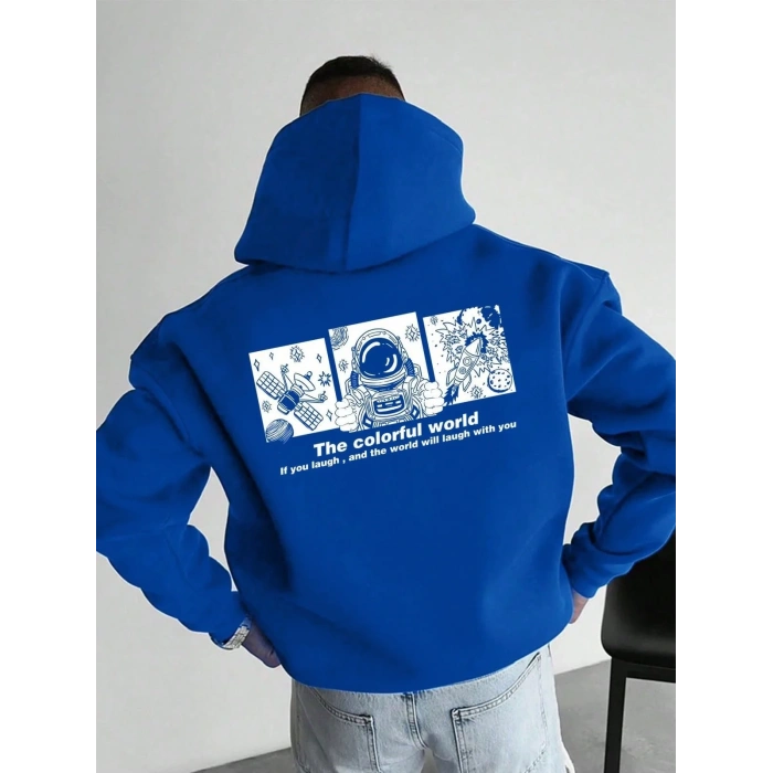 Erkek Kapüşonlu Oversize Hoodie – Üç İplik Pamuklu, Astronot Temalı Renkli Dünya Baskılı, Kanguru Cepli Premium Sweatshirt - Saks Mavi