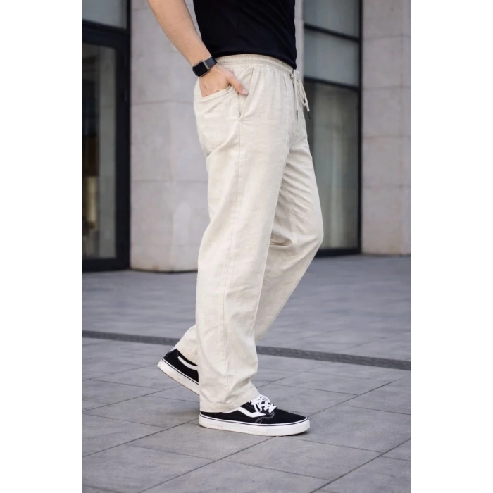 Erkek Keten Cepli Çıma Dikişli jogger Buggy Pantalon Rahat kalıp - Krem