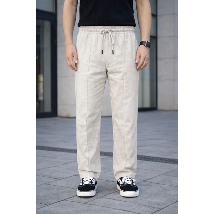 Erkek Keten Cepli Çıma Dikişli jogger Buggy Pantalon Rahat kalıp - Krem