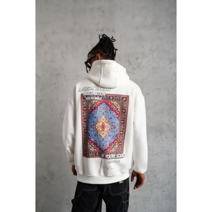 Erkek Kilim Desen Kapüşonlu Sweat- Beyaz
