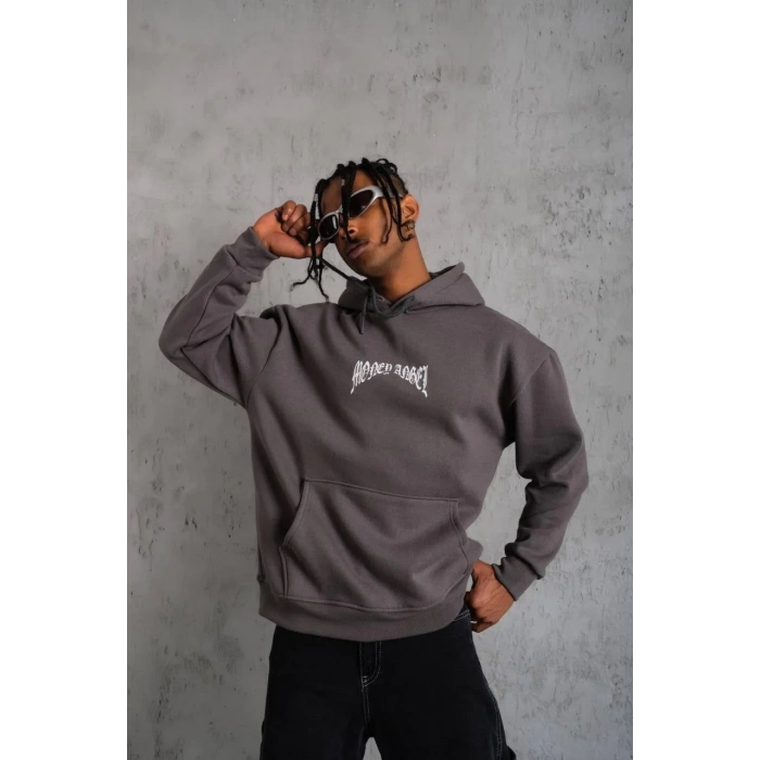 Erkek Kordon İpli Baskılı Kapüşonlu Sweatshirt - Füme