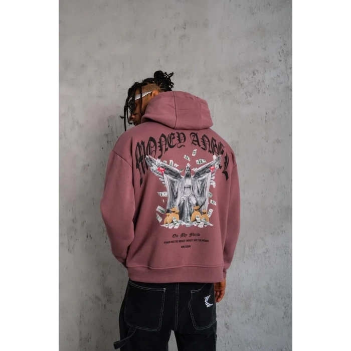 Erkek Kordon İpli Baskılı Kapüşonlu Sweatshirt - Gül Kurusu