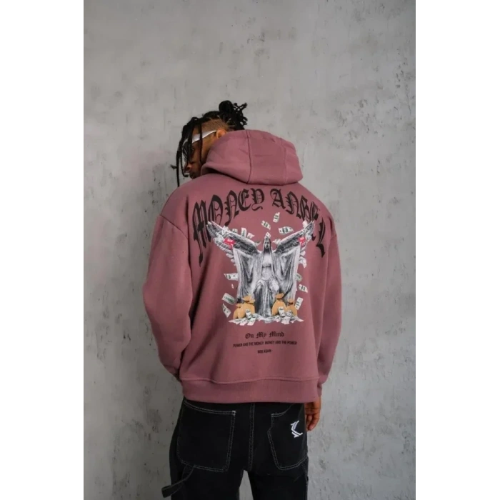 Erkek Kordon İpli Baskılı Kapüşonlu Sweatshirt - Gül Kurusu