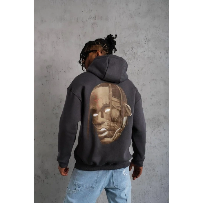 Erkek Kordonlu Arka Maske Kordon Saçlı Kapüşonlu - Füme