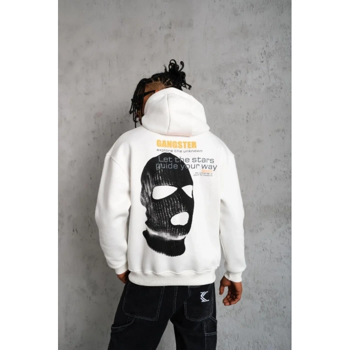 Erkek Kordonlu Maske Baskılı Kapüşonlu Sweat - Beyaz