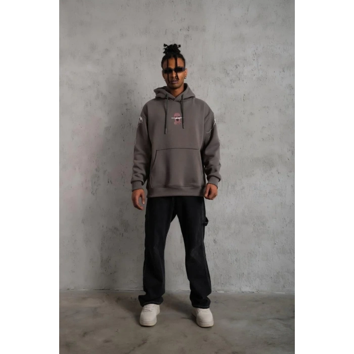 Erkek Maske Baskılı Kapüşonlu Sweat - Gri