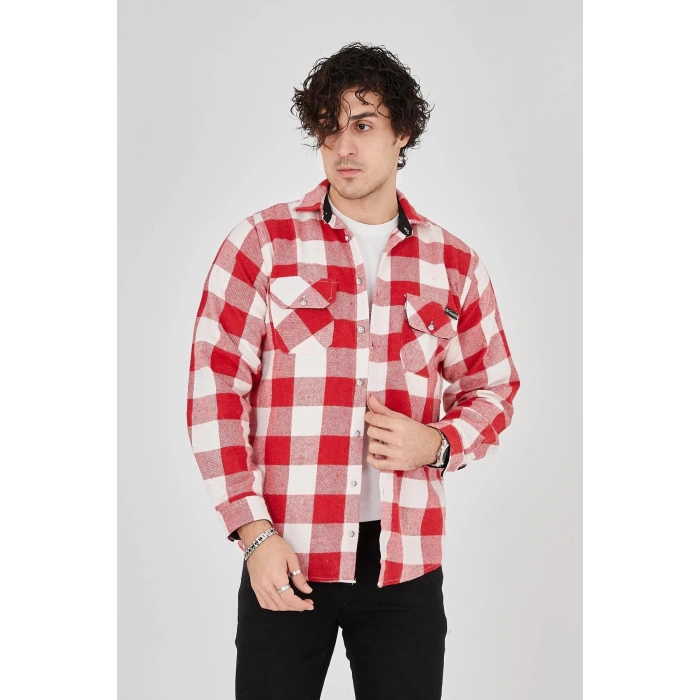 Erkek Oduncu Gömlek – Uzun Kollu, Şardonlu Kumaş, Kareli Desen, Regular Fit, Manşetli, Çift Cepli, Rahat Günlük Bahar & Kış Stil - Pembe