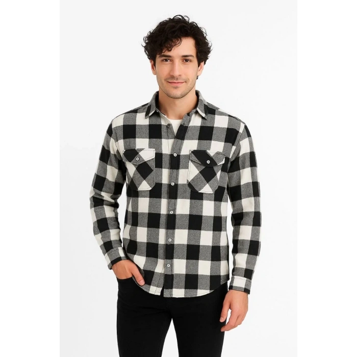 Erkek Oduncu Gömlek – Uzun Kollu, Şardonlu Kumaş, Kareli Desen, Regular Fit, Manşetli, Çift Cepli, Rahat Günlük Bahar & Kış Stil - Siyah