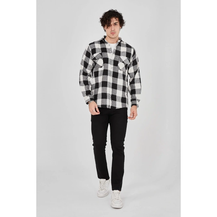 Erkek Oduncu Gömlek – Uzun Kollu, Şardonlu Kumaş, Kareli Desen, Regular Fit, Manşetli, Çift Cepli, Rahat Günlük Bahar & Kış Stil - Siyah