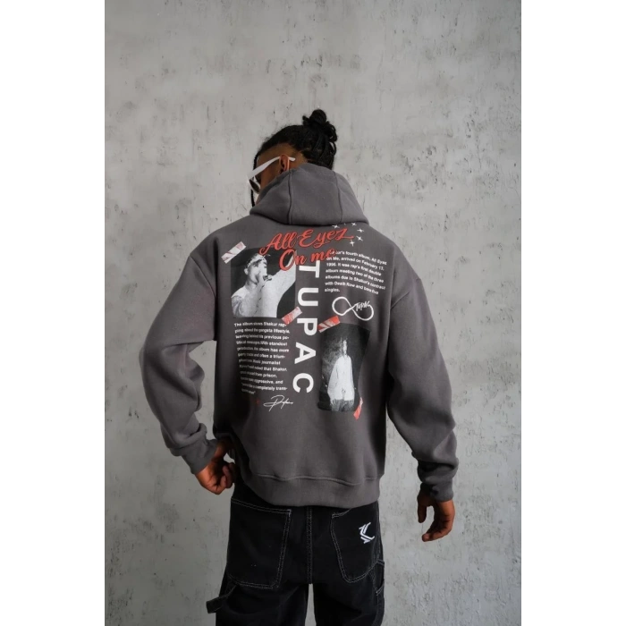 Erkek Ön Arka Baskılı Kapşonlu Sweat - Gri