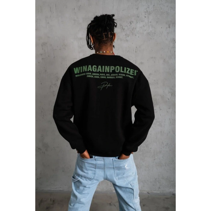 Erkek Oversize Sweatshirt – Siyah Renk | Ön ve Sırt Baskılı, Üç İplik İçi Pamuklu Kumaş, Rahat Kalıp, Ribanalı Kışlık Sweat | Winagain Polizei Serisi - Siyah