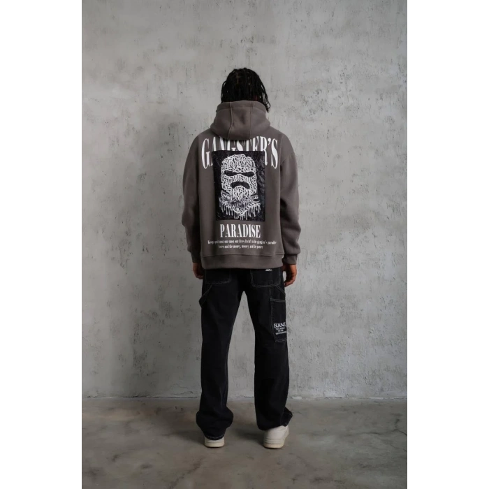 Erkek Paradise Baskılı Kapüşonlu Sweat - Gri