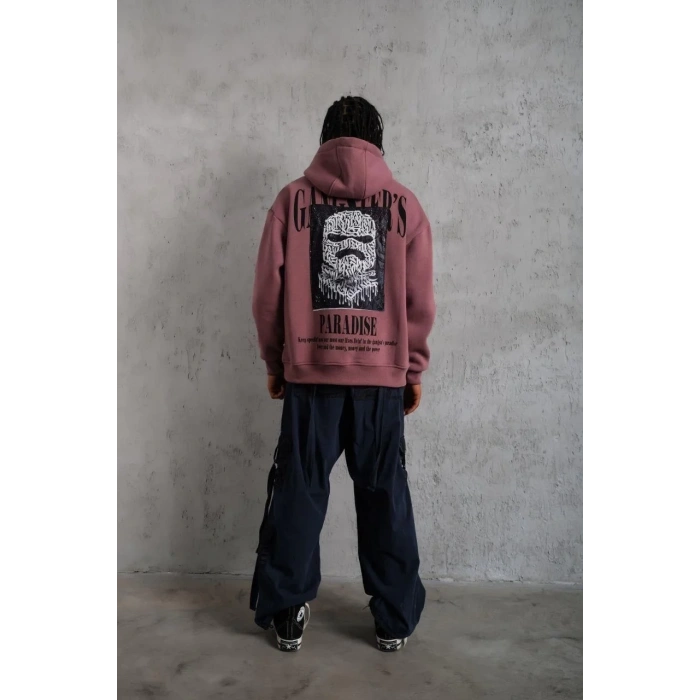 Erkek Paradise Baskılı Kapüşonlu Sweat - Gül Kurusu