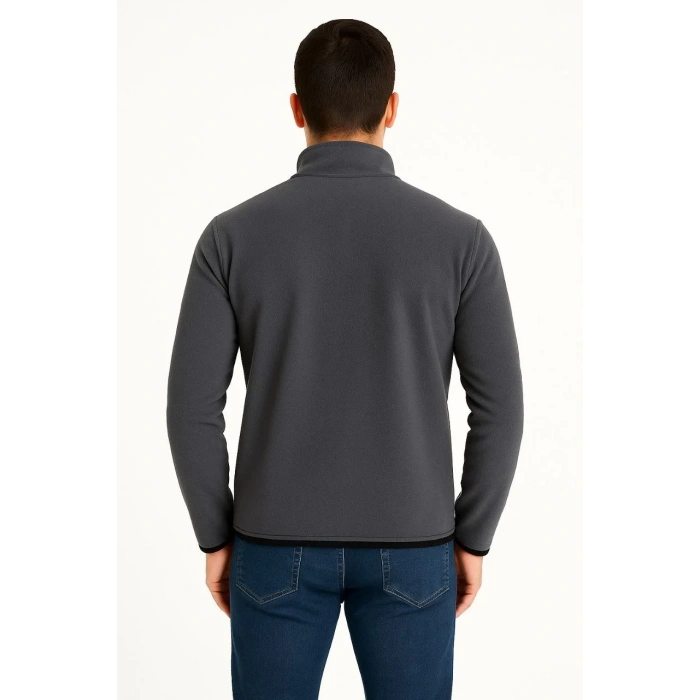 Erkek Polar Kazak – Dik Yaka, Yarım Fermuarlı, Fermuarlı Göğüs Cepli, Siyah Biyeli, Kışlık Rahat Regular Fit Günlük Model - Füme