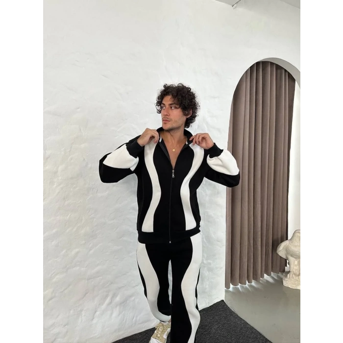 Erkek Premium Parçalı Eşofman Takım - Dik Yaka Fermuarlı Sweatshirt, - Siyah