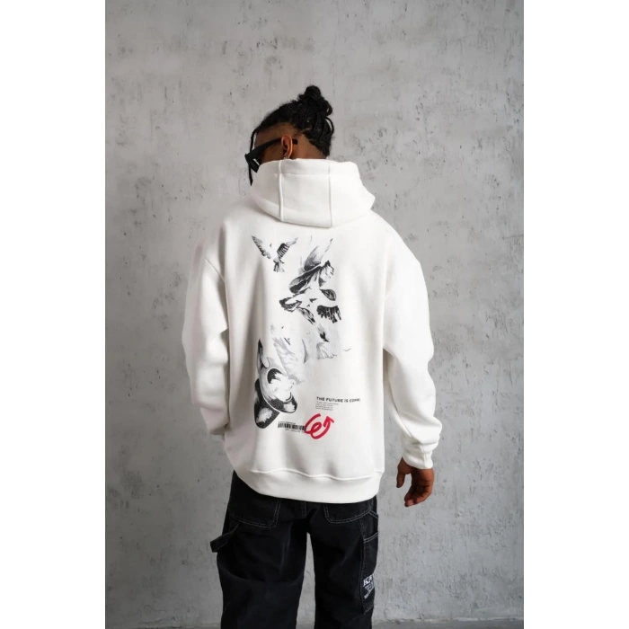 Erkek Şapkalı Güvercin Baskılı Kapşonlu Sweat - Beyaz