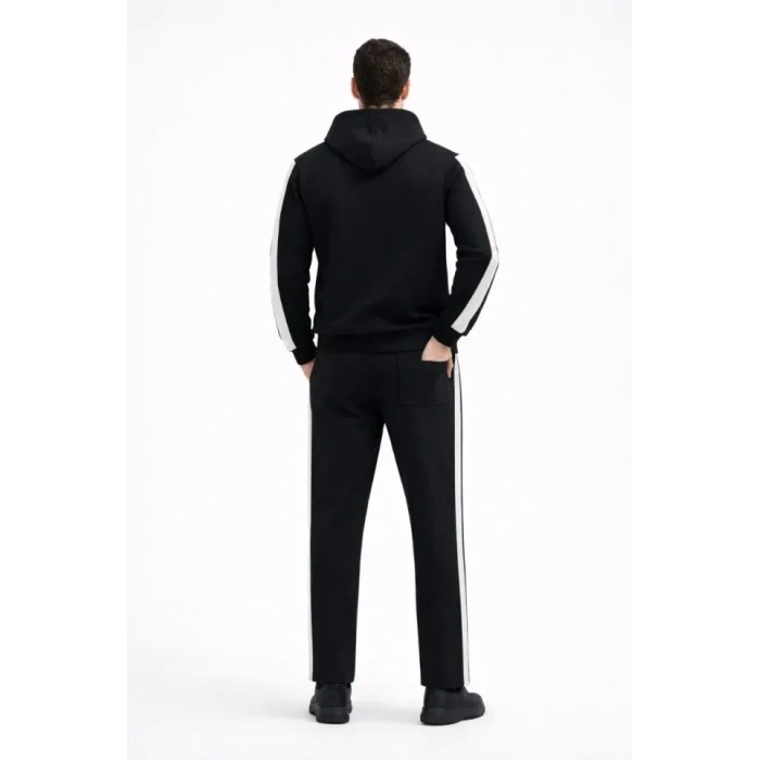 Erkek Şeritli Eşofman Takım Kapüşonlu Sweatshirt Boru Paça Alt, Oversize 3 Iplik Pamuklu - Siyah