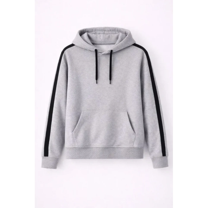 Erkek Şeritli Kapüşonlu Sweatshirt Oversize 3 Iplik Pamuklu - Gri