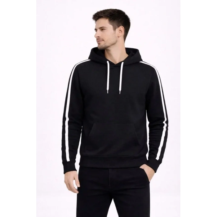 Erkek Şeritli Kapüşonlu Sweatshirt Oversize 3 Iplik Pamuklu - Siyah