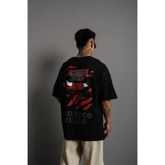 Erkek Sırt Baskılı A Kalite Oversize T-shirt - Siyah