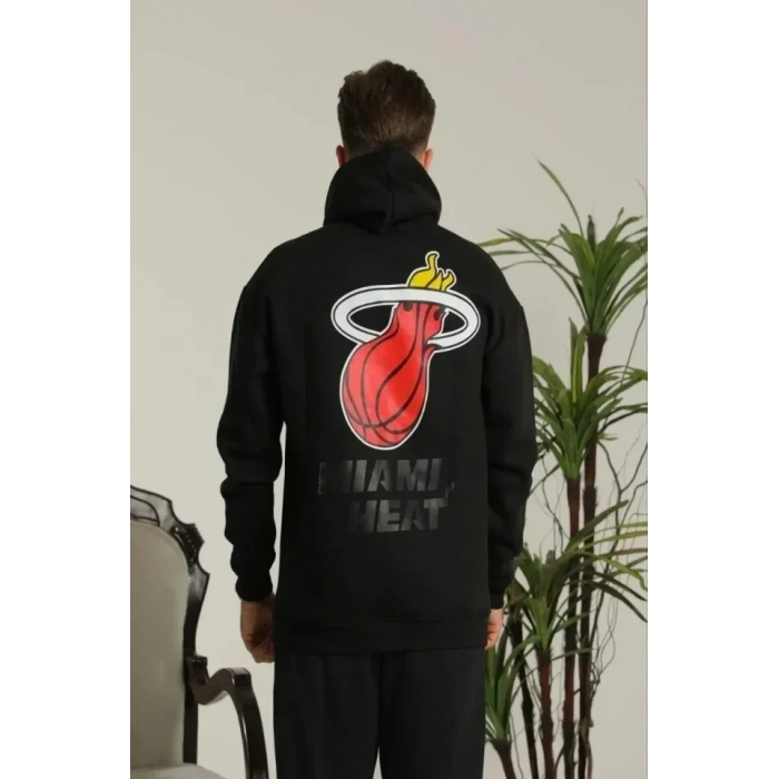 Erkek Sırt Baskılı Oversize Üç İplik Kapüşonlu Sweatshirt - Siyah