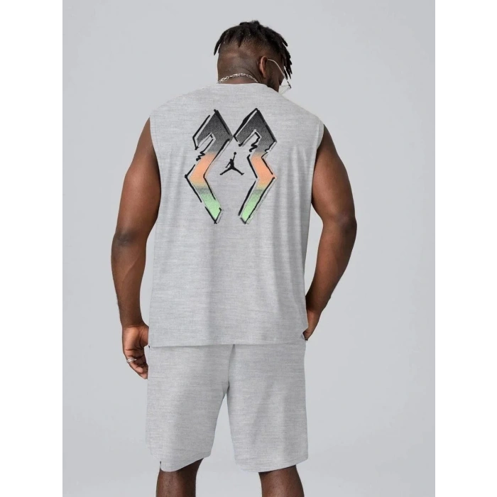 Erkek Sırt Baskılı Sıfır Kol İkili Şort Takım - Gri