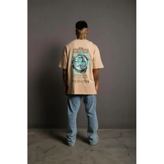 Erkek Sırt Baskılı T-shirt - Bej