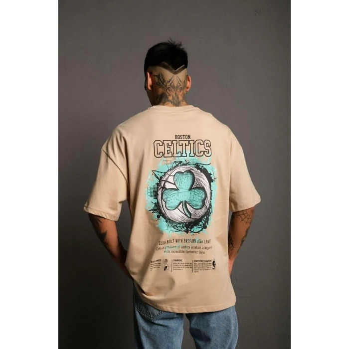 Erkek Sırt Baskılı T-shirt - Bej