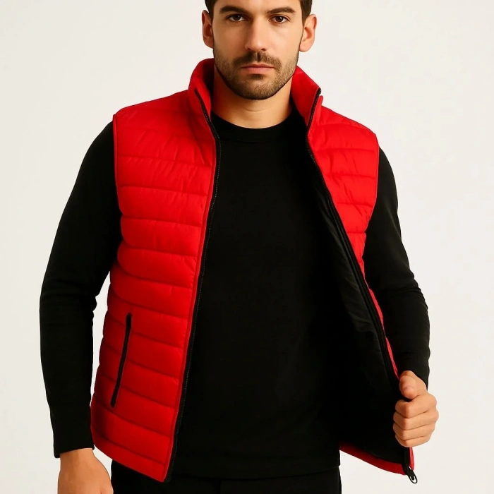 Erkek Şişme Fermuarlı Yelek Su itici Kapitone Astarlı Kumaş Cepli Hafif Kışlık Spor Rahat Kalıp - Kırmızı