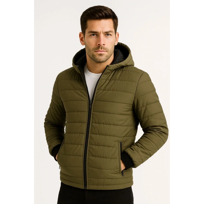 Erkek Şişme Kapüşonlu Fermuarlı Mont Su itici Kapitone Astarlı Kumaş Cepli Kışlık Rahat Kalıp - Haki