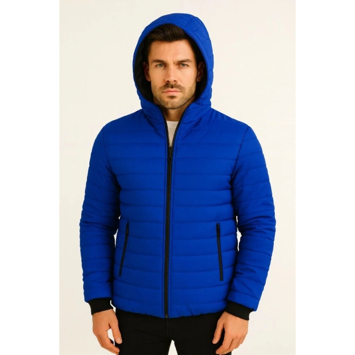 Erkek Şişme Kapüşonlu Fermuarlı Mont Su itici Kapitone Astarlı Kumaş Cepli Kışlık Rahat Kalıp - Saks Mavisi