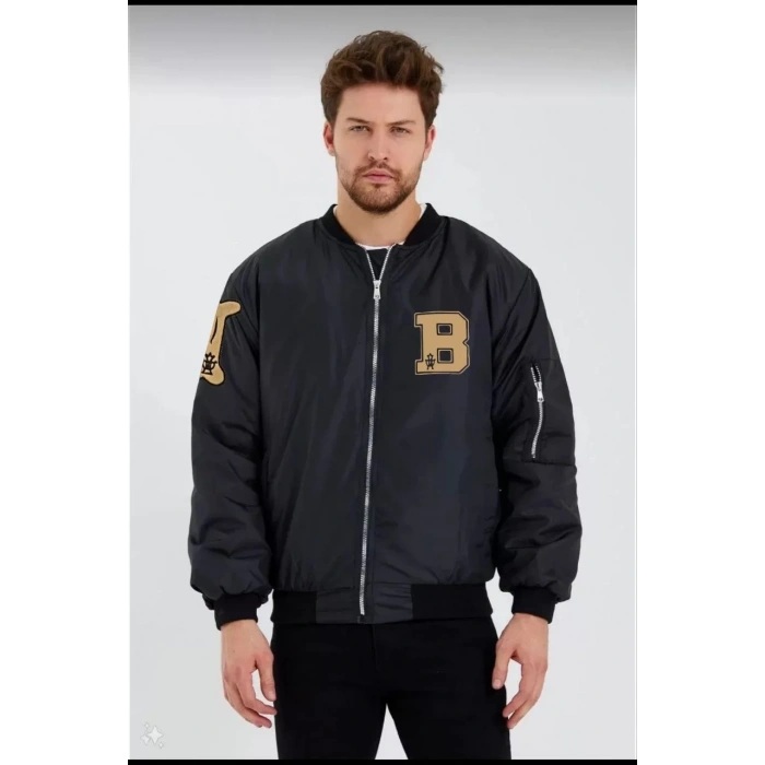 Erkek Siyah Bomber Kolej Mont – B Harfi ve Kemik Baskılı, Su İtici Kumaş, Kapitone Astarlı Fermuarlı Ceket - Siyah