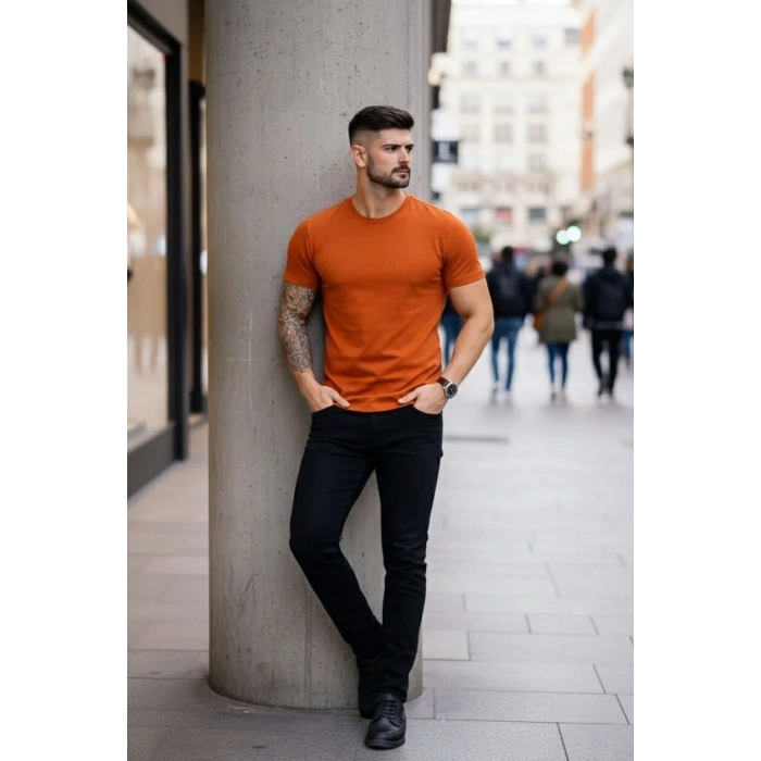 Erkek T-Shirt Bisiklet Yaka Slim Fit dar kesim Likralı Tişört Günlük Basic Body - Koyu Turuncu