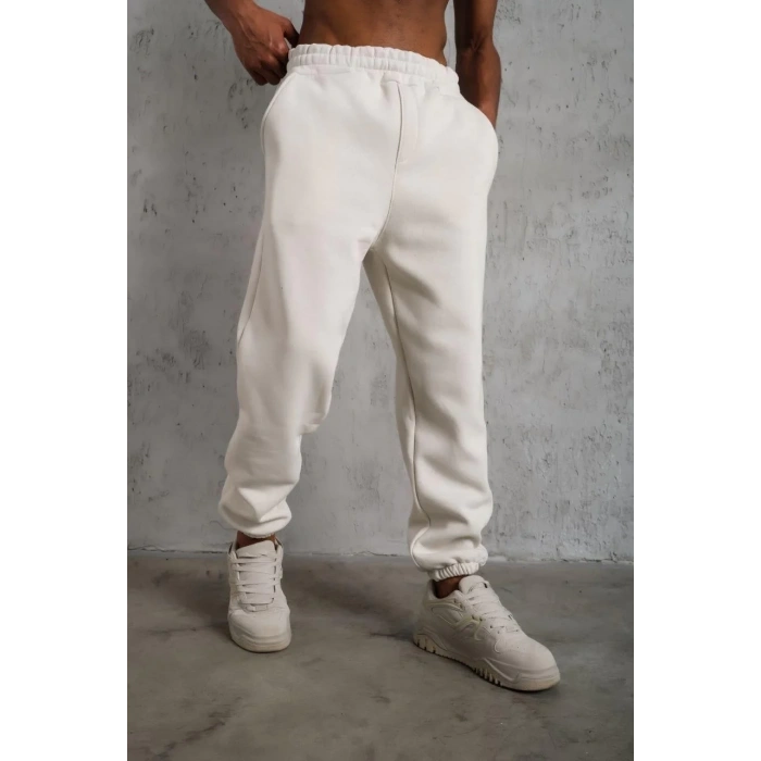 Erkek Üç İplik Alt Eşofman Lastikli - Beyaz