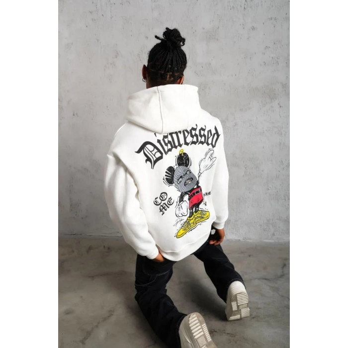 Erkek Üç İplik Baskılı Kapüşonlu Sweat - Beyaz