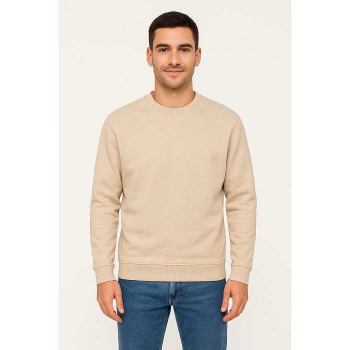 Erkek Üç İplik Düz Bisiklet Yaka SweatShirt - Bej