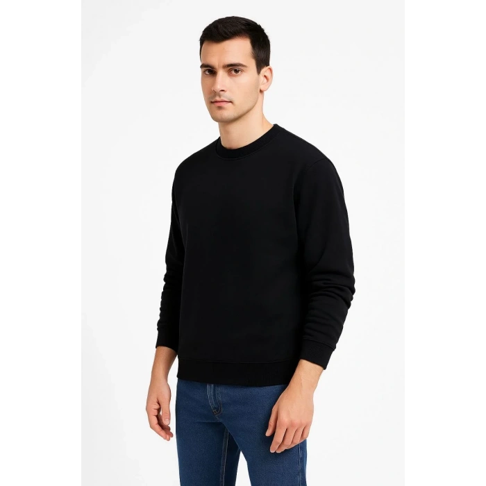 Erkek Üç İplik Düz Bisiklet Yaka SweatShirt - Siyah