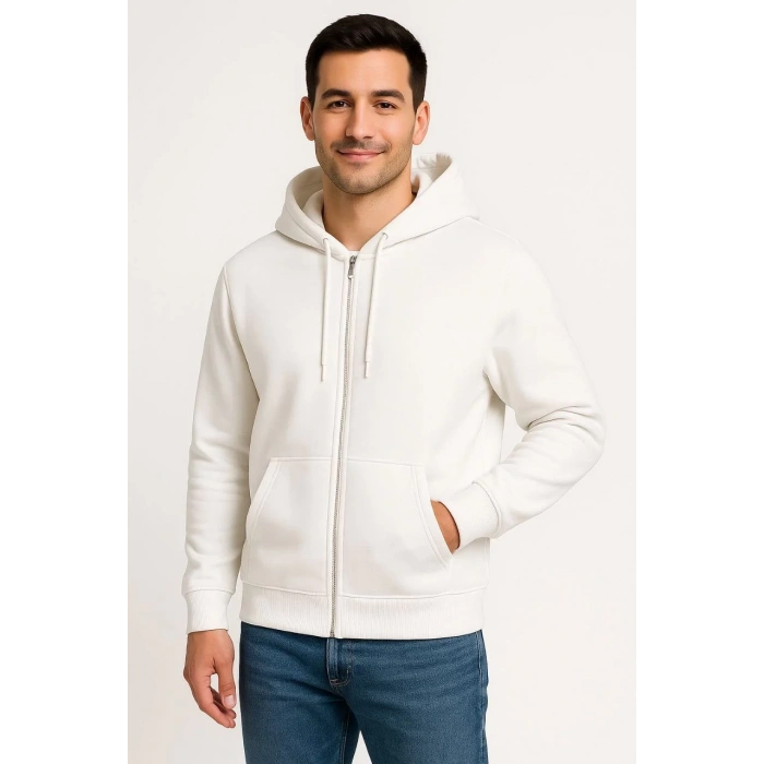 Erkek Üç İplik Kapüşonlu Tam Fermuarlı Kanguru Cepli SweatShirt Hoodie - Beyaz
