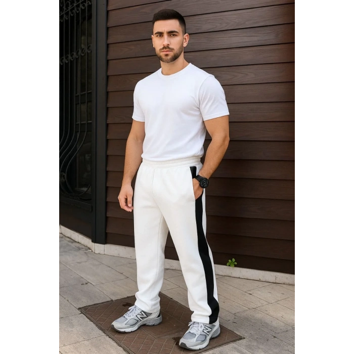 Erkek Üç İplik Kışlık Pamuklu Yandan Garneli Kalın Şeritli Cepli Eşofman Altı - Beyaz
