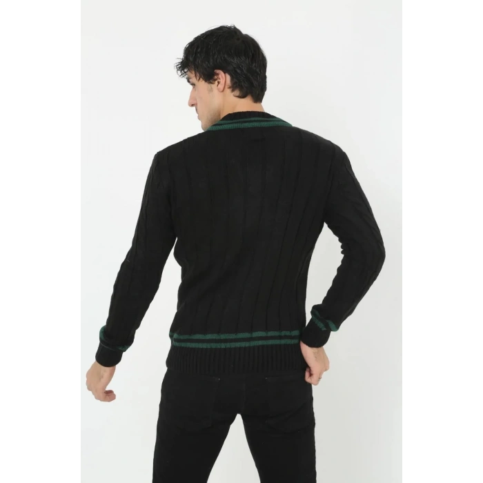 Erkek V Yaka Örgülü Kazak - Siyah