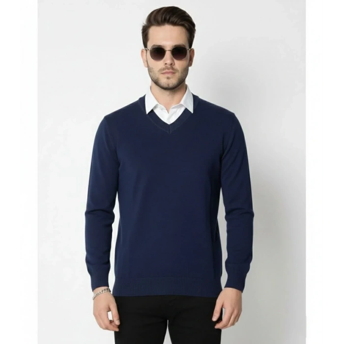 Erkek V Yaka Triko Kazak yumuşak dokulu Pamuklu ince Dokuma, uzun kollu Rahat Regular kalıp - Lacivert