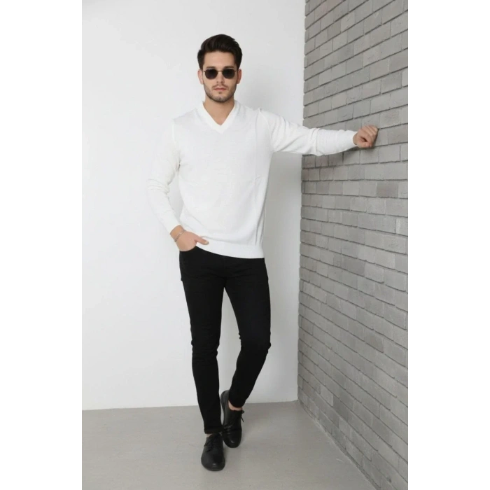 Erkek V Yaka Triko Kazak yumuşak dokulu Pamuklu ince Dokuma, uzun kollu Rahat Regular kalıp - Beyaz