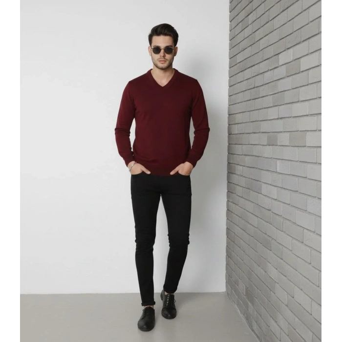 Erkek V Yaka Triko Kazak yumuşak dokulu Pamuklu ince Dokuma, uzun kollu Rahat Regular kalıp - Bordo