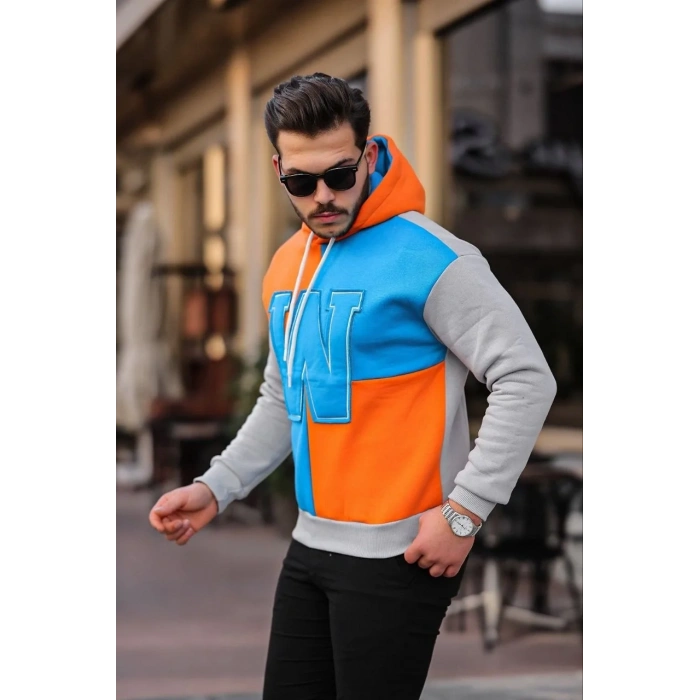 Erkek W Nakış İşlemeli Kapüşonlu Sweatshirt - Mavi