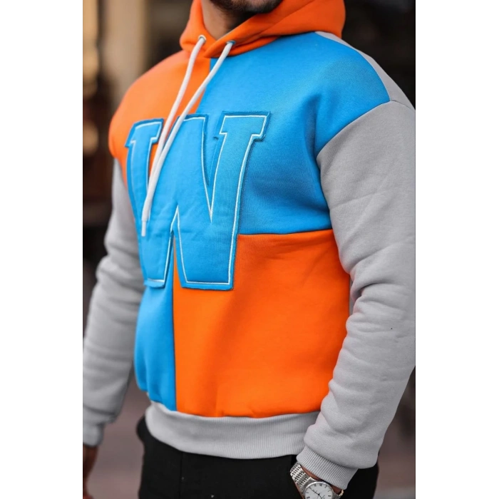 Erkek W Nakış İşlemeli Kapüşonlu Sweatshirt - Mavi