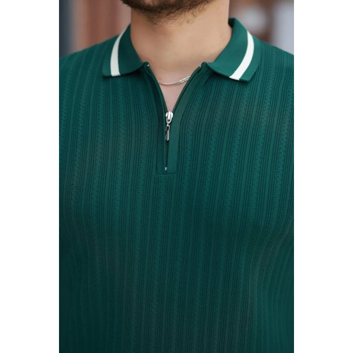 Erkek Yaka Ve Kolları çizgi Detaylı Fermuarlı Kısa Kollu T-shirt