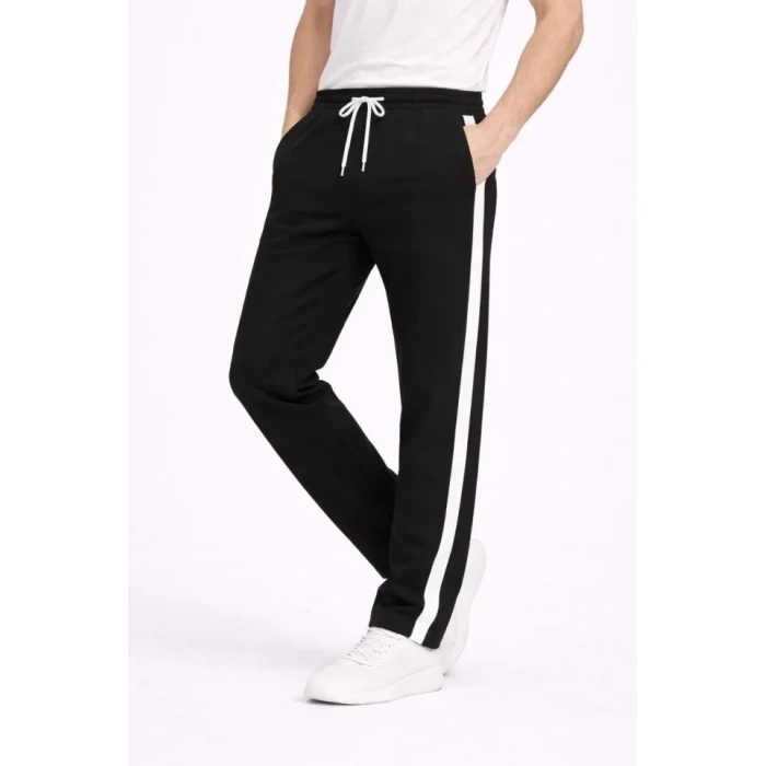 Erkek Yandan Şeritli Boru Paça Eşofman Altı 3 Iplik Pamuklu Eşofman - Siyah