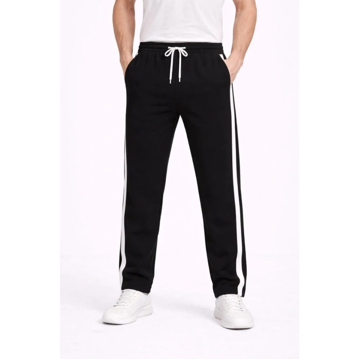 Erkek Yandan Şeritli Boru Paça Eşofman Altı 3 iplik Pamuklu Eşofman - Siyah