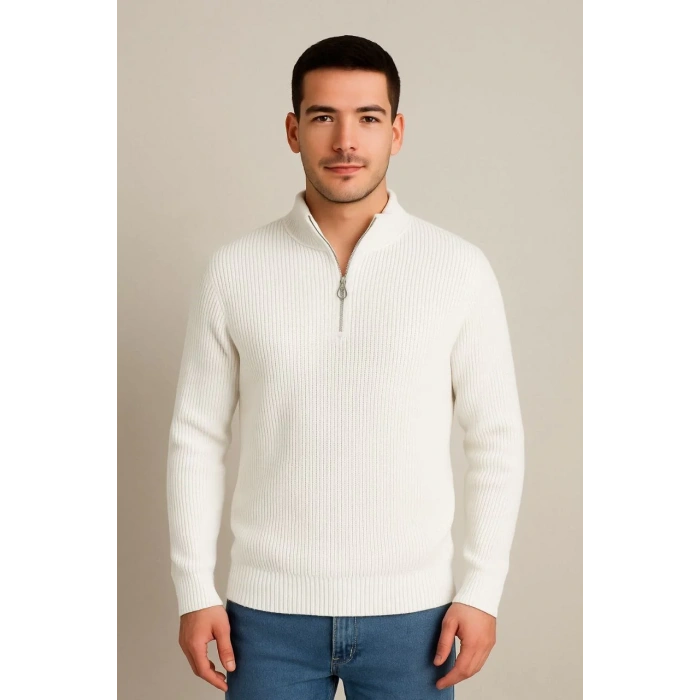 Erkek Yarım Fermuarlı Triko Kazak – Selanik Örgü, Dik Yaka, Pamuklu Dokuma, Regular Fit Uzun Kollu Kışlık Model - Beyaz